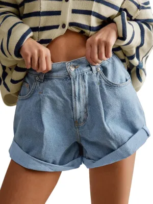 Cicy Bell Womens High Waisted Jean Shorts Casual Summer Wide Leg Rolled Hem Denim Shorts with Pockets