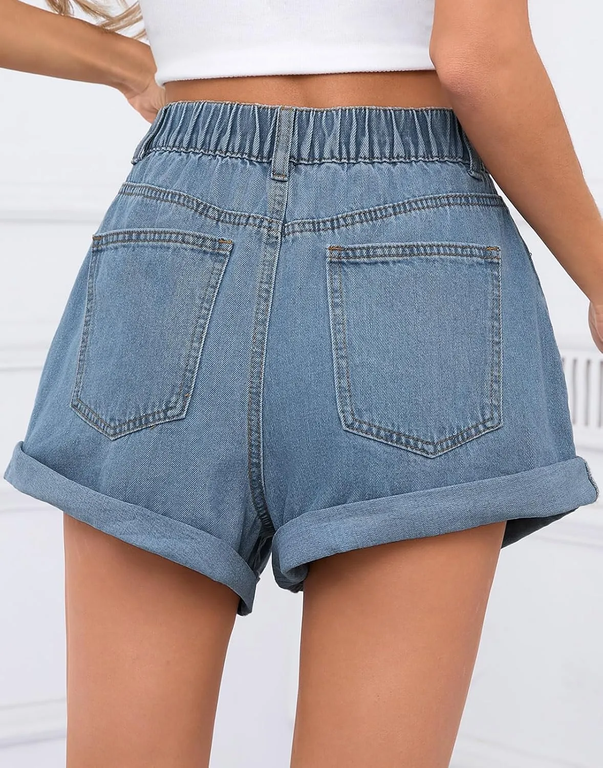Cicy Bell Womens High Waisted Jean Shorts Casual Summer Wide Leg Rolled Hem Denim Shorts with Pockets
