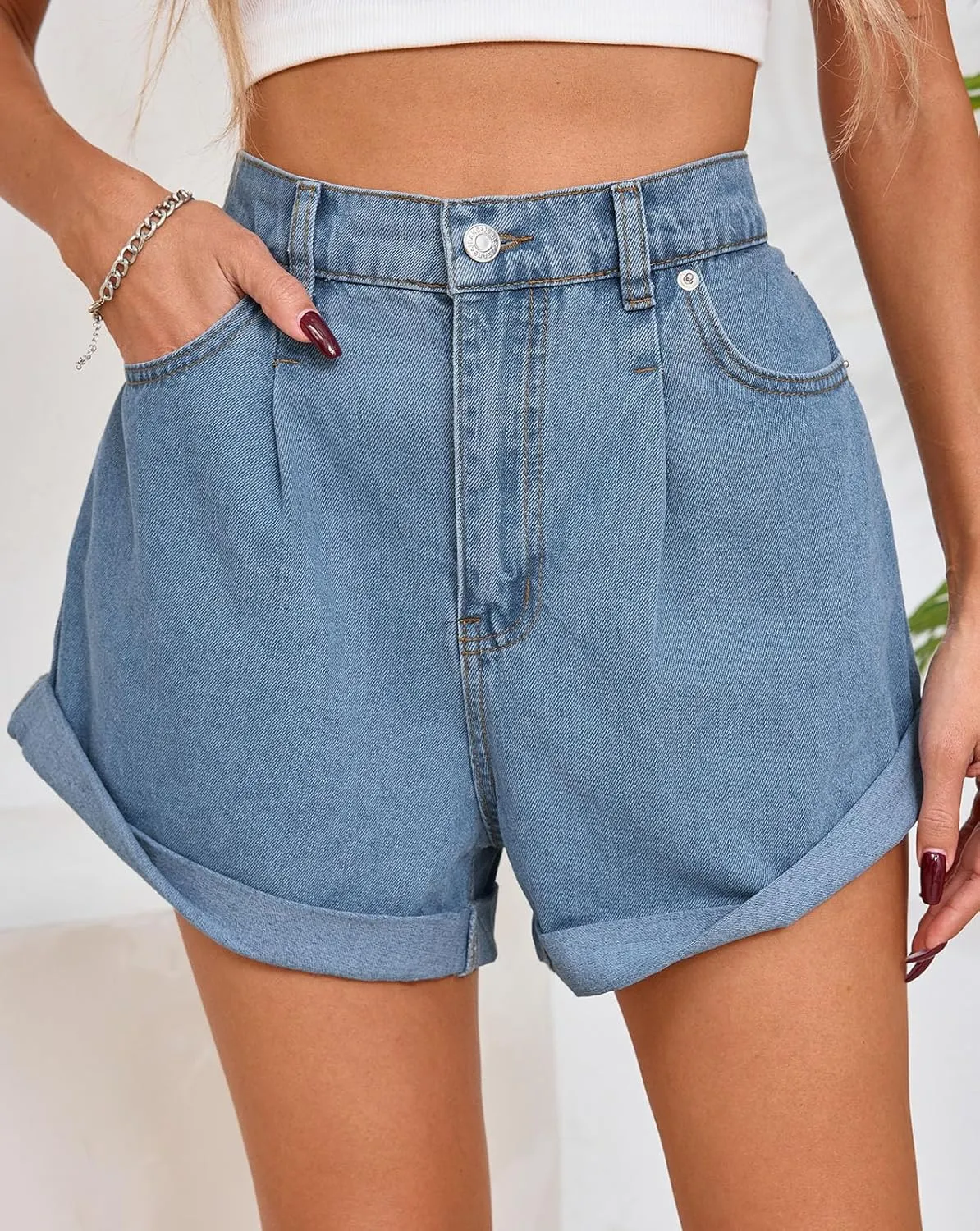 Cicy Bell Womens High Waisted Jean Shorts Casual Summer Wide Leg Rolled Hem Denim Shorts with Pockets