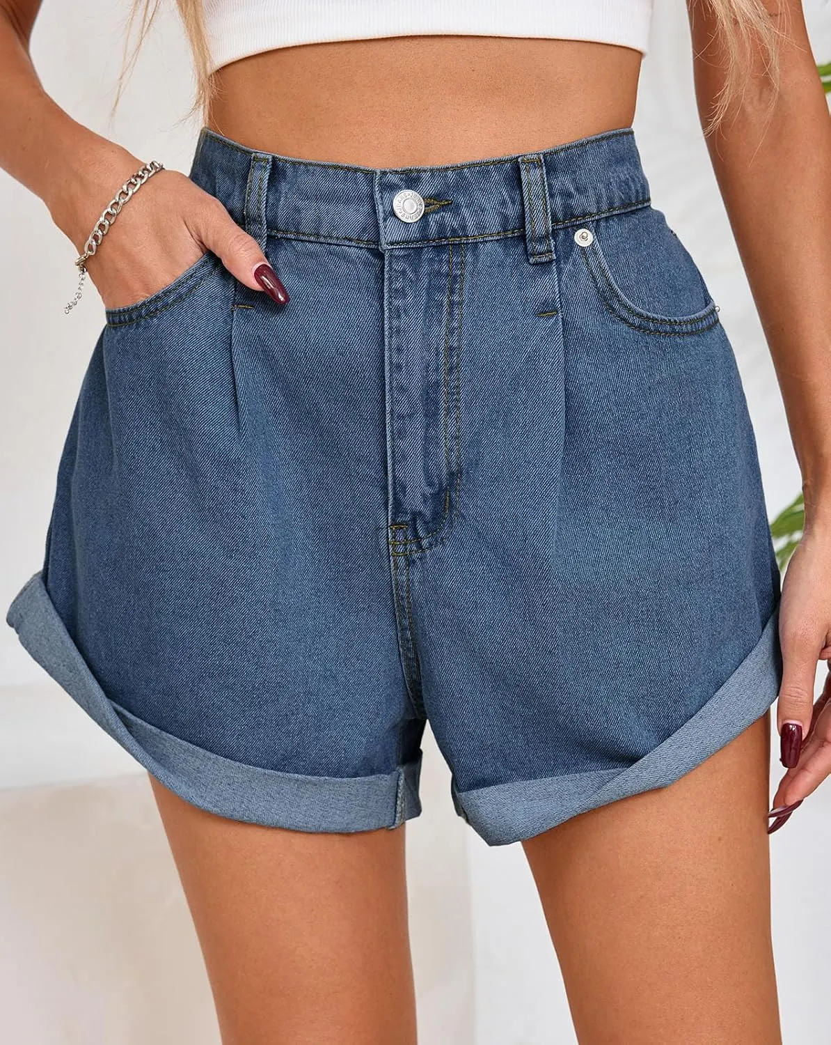 Cicy Bell Womens High Waisted Jean Shorts Casual Summer Wide Leg Rolled Hem Denim Shorts with Pockets