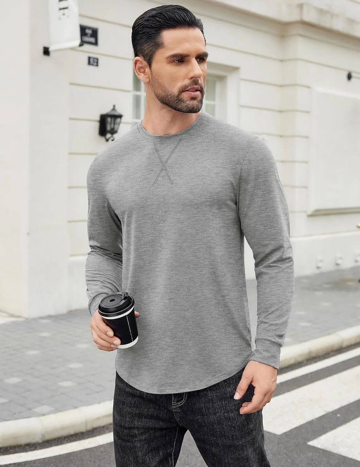 COOFANDY Mens Cotton T-Shirt Crew Neck Long Sleeve Tee Shirts Hipster Hip Hop Longline Casual Tops Gym Muscle Shirts