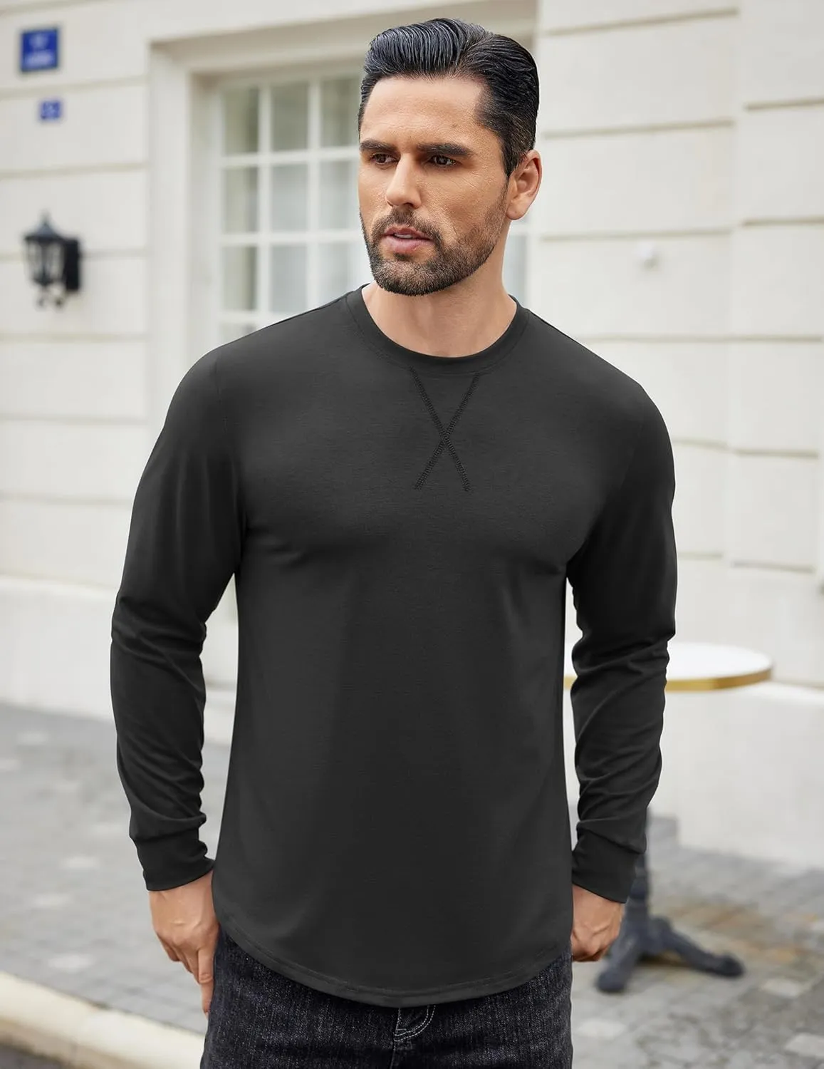 COOFANDY Mens Cotton T-Shirt Crew Neck Long Sleeve Tee Shirts Hipster Hip Hop Longline Casual Tops Gym Muscle Shirts