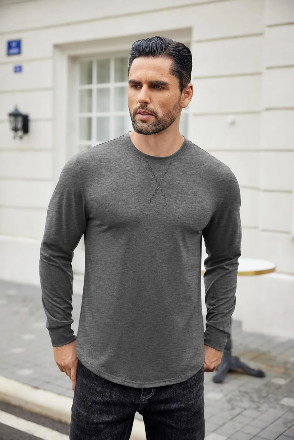 COOFANDY Mens Cotton T-Shirt Crew Neck Long Sleeve Tee Shirts Hipster Hip Hop Longline Casual Tops Gym Muscle Shirts