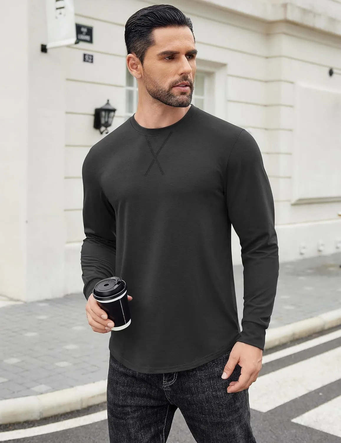 COOFANDY Mens Cotton T-Shirt Crew Neck Long Sleeve Tee Shirts Hipster Hip Hop Longline Casual Tops Gym Muscle Shirts