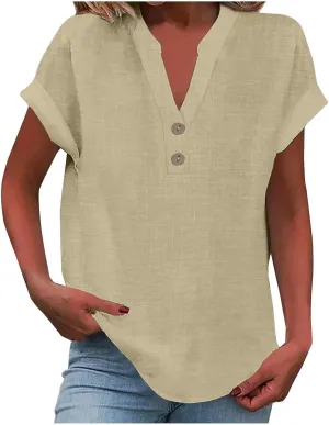 Cotton Linen Shirts for Women Short Sleeve Summer Tops Button V Neck T Shirt Basic Tee Business Casual Outfits Clothes