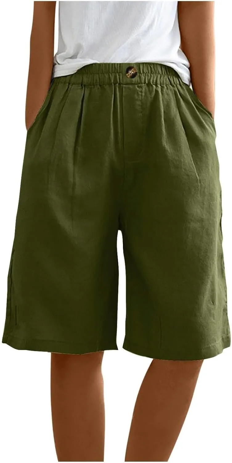 Cotton Linen Shorts for Women Summer Linen Bermuda Shorts Women Plus Size Casual Loose Beach Pants with Pockets