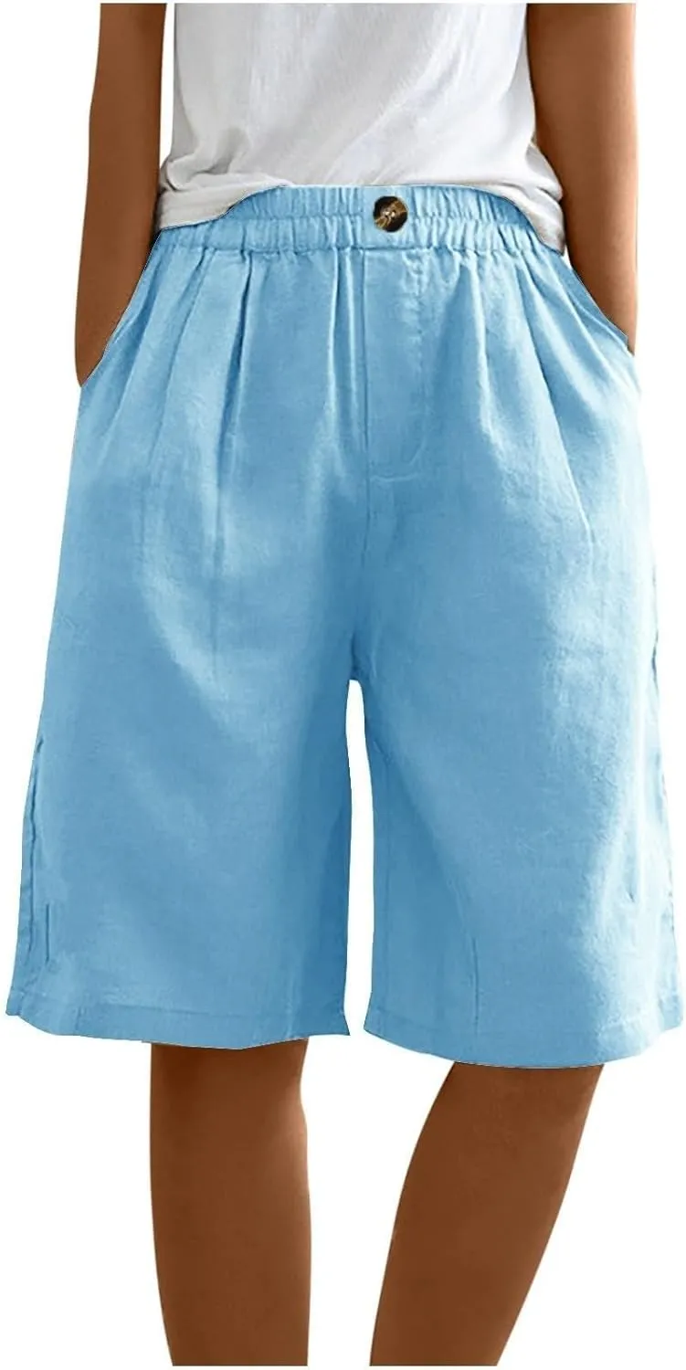 Cotton Linen Shorts for Women Summer Linen Bermuda Shorts Women Plus Size Casual Loose Beach Pants with Pockets