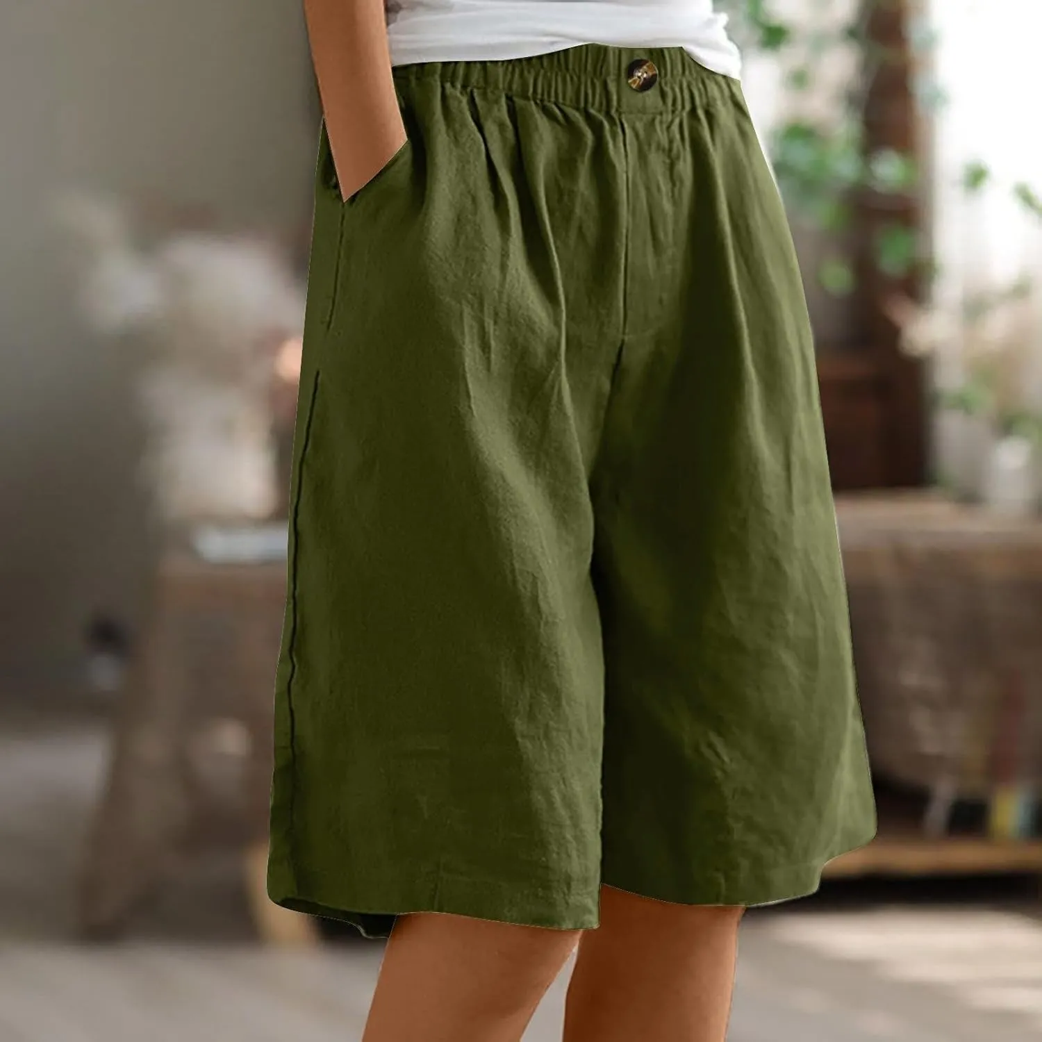 Cotton Linen Shorts for Women Summer Linen Bermuda Shorts Women Plus Size Casual Loose Beach Pants with Pockets