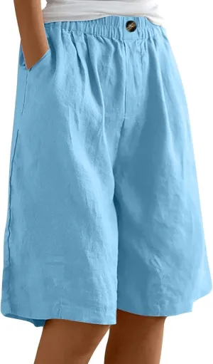 Cotton Linen Shorts for Women Summer Linen Bermuda Shorts Women Plus Size Casual Loose Beach Pants with Pockets
