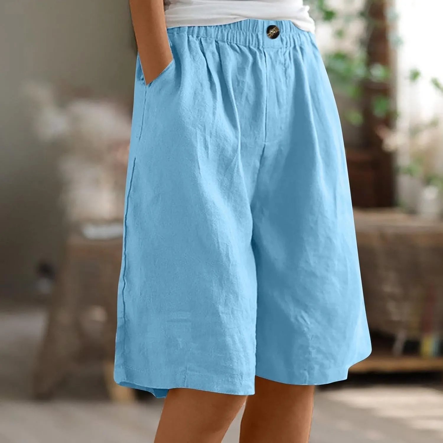 Cotton Linen Shorts for Women Summer Linen Bermuda Shorts Women Plus Size Casual Loose Beach Pants with Pockets