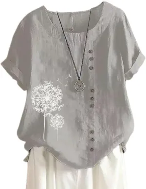 Cotton Linen Tops for Women Loose Comfy Floral Graphic Tees Casual Short Sleeve Round Neck T Shirt Button Down Shirts