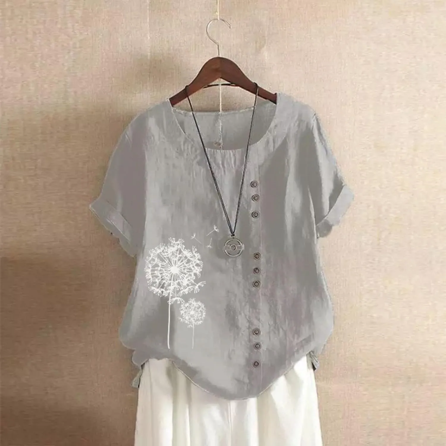 Cotton Linen Tops for Women Loose Comfy Floral Graphic Tees Casual Short Sleeve Round Neck T Shirt Button Down Shirts