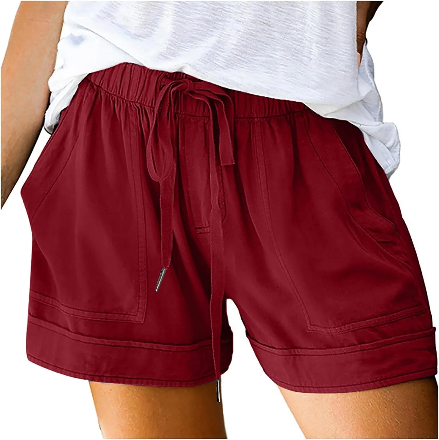 Cotton Shorts for Women Loose Fit Plus Size Drawstring Elastic Waist Summer Casual Shorts with Pockets Beach Clothes