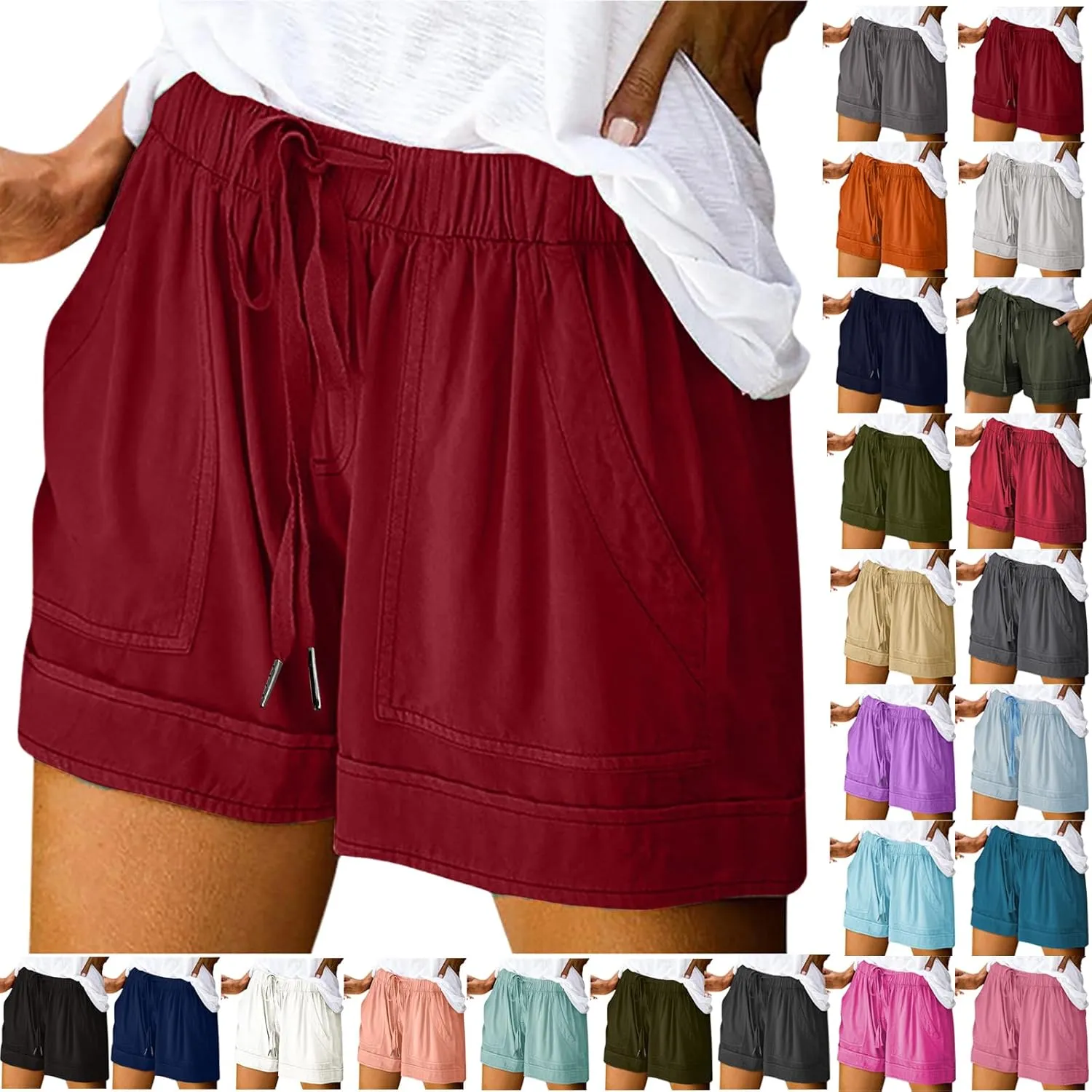 Cotton Shorts for Women Loose Fit Plus Size Drawstring Elastic Waist Summer Casual Shorts with Pockets Beach Clothes