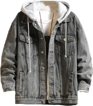 Denim Jacket Men Hooded Casual Jean Jackets Streetwear Solid Color Turn Down Collar Denim Coats