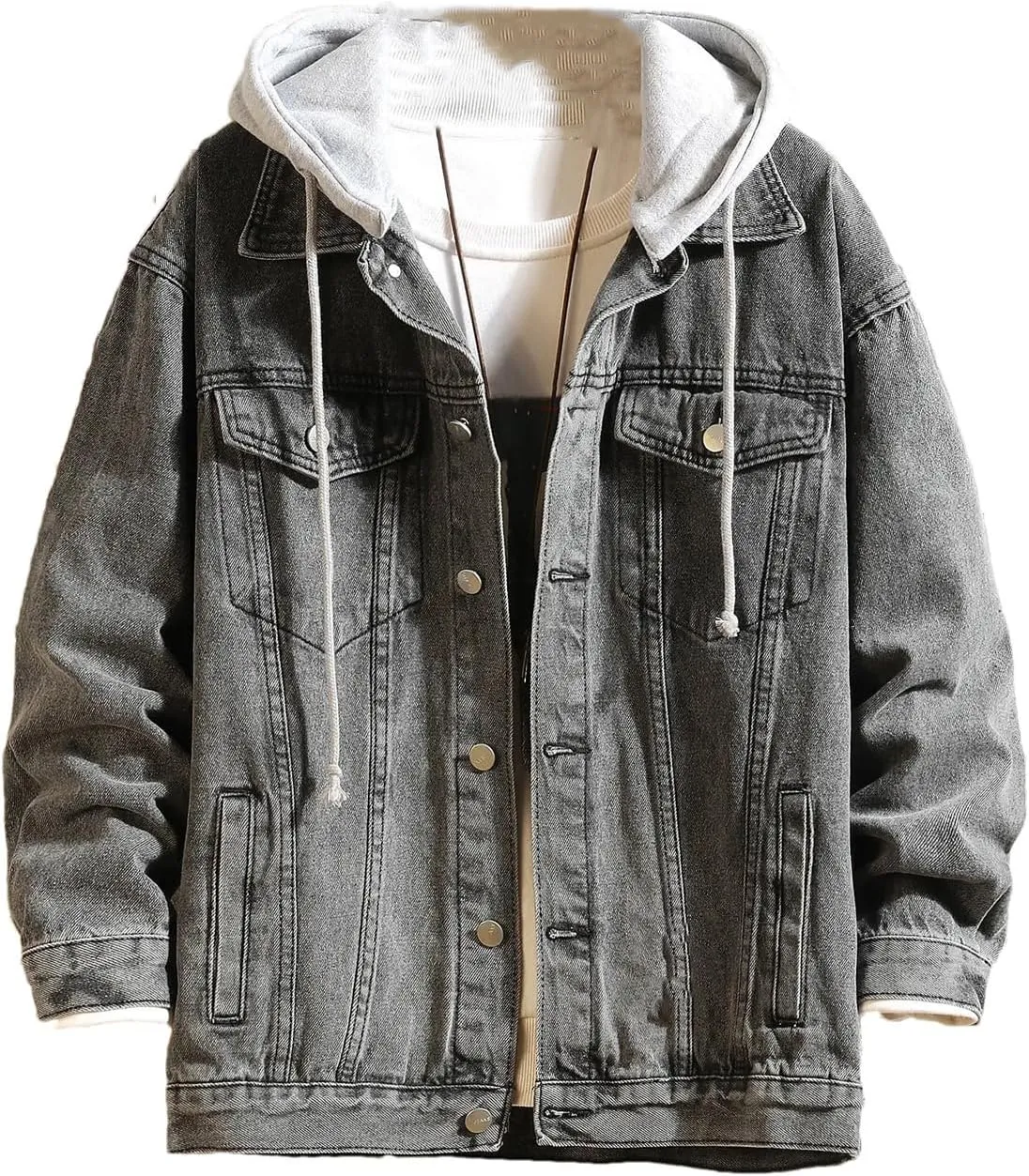 Denim Jacket Men Hooded Casual Jean Jackets Streetwear Solid Color Turn Down Collar Denim Coats