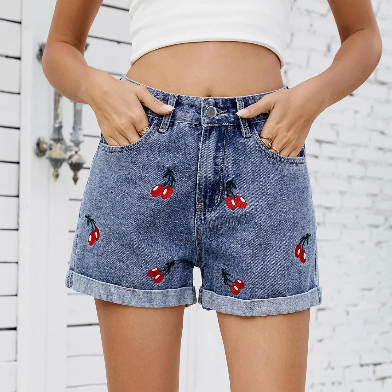Denim Shorts Women Cute Cherry Print Summer Outfit Cuffed High Waisted Jorts Y2K Streetwear Trendy Clean Fit Jean Shorts