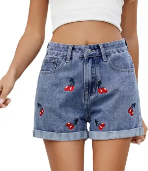 Denim Shorts Women Cute Cherry Print Summer Outfit Cuffed High Waisted Jorts Y2K Streetwear Trendy Clean Fit Jean Shorts