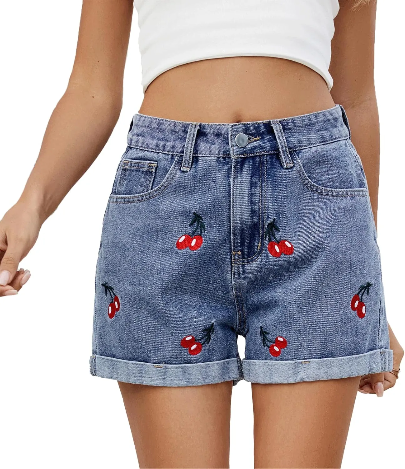 Denim Shorts Women Cute Cherry Print Summer Outfit Cuffed High Waisted Jorts Y2K Streetwear Trendy Clean Fit Jean Shorts