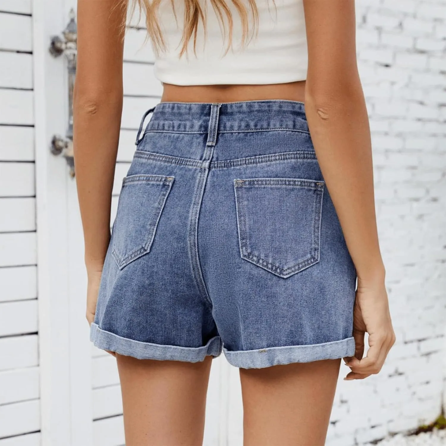 Denim Shorts Women Cute Cherry Print Summer Outfit Cuffed High Waisted Jorts Y2K Streetwear Trendy Clean Fit Jean Shorts