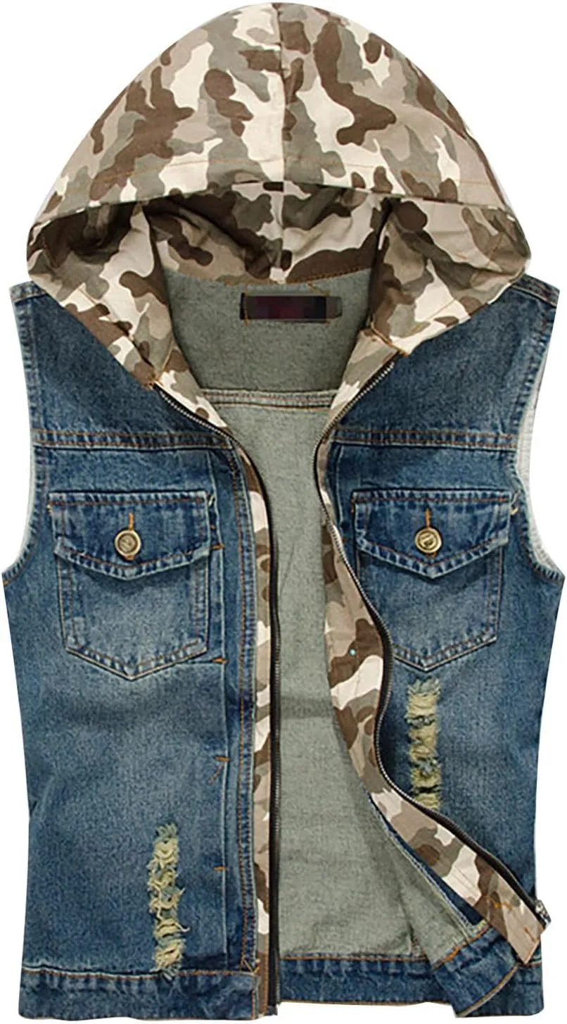 Denim Vest Men Vests Hoodies Slim Fit Button Down Sleeveless Jeans Jacket Casual Distressed Streetwear Utility Shirts