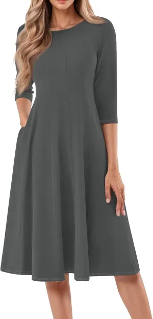 Dress for Women 3/4 Sleeve Spring Wrap Dress Solid Plain Ruched Midi Dresses Summer Crewneck Flowy Dresses with Pocket