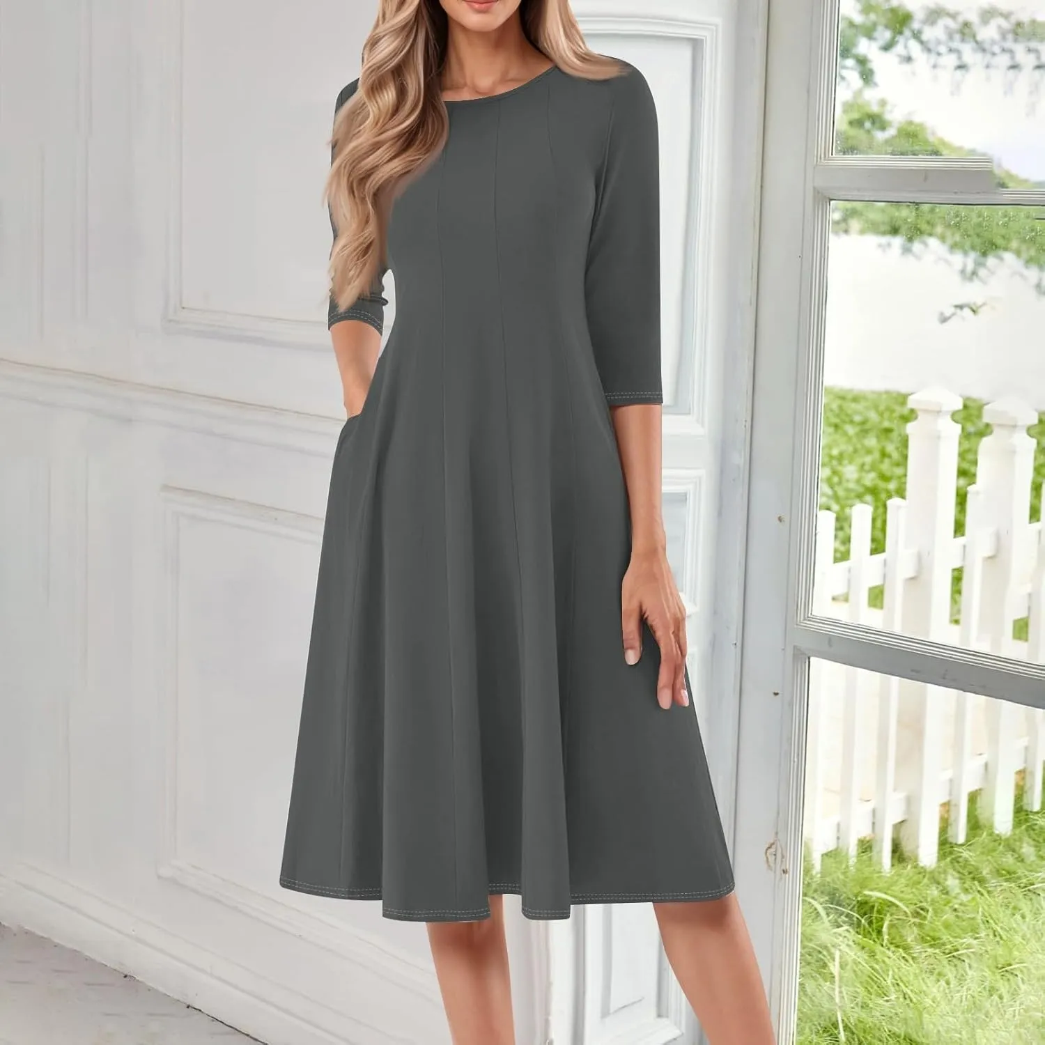 Dress for Women 3/4 Sleeve Spring Wrap Dress Solid Plain Ruched Midi Dresses Summer Crewneck Flowy Dresses with Pocket