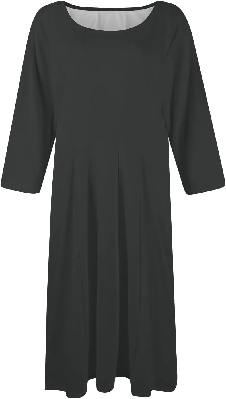 Dress for Women 3/4 Sleeve Spring Wrap Dress Solid Plain Ruched Midi Dresses Summer Crewneck Flowy Dresses with Pocket