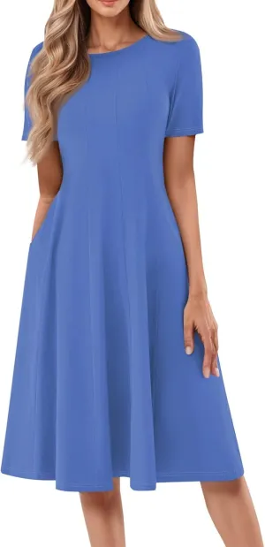 Dress for Women Summer Short Sleeve Wrap Dress Empire Waist Flower Dresses Round Neck Boho Midi Dresses with Pockets