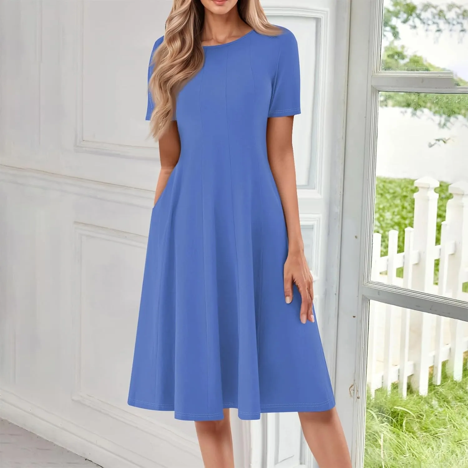 Dress for Women Summer Short Sleeve Wrap Dress Empire Waist Flower Dresses Round Neck Boho Midi Dresses with Pockets