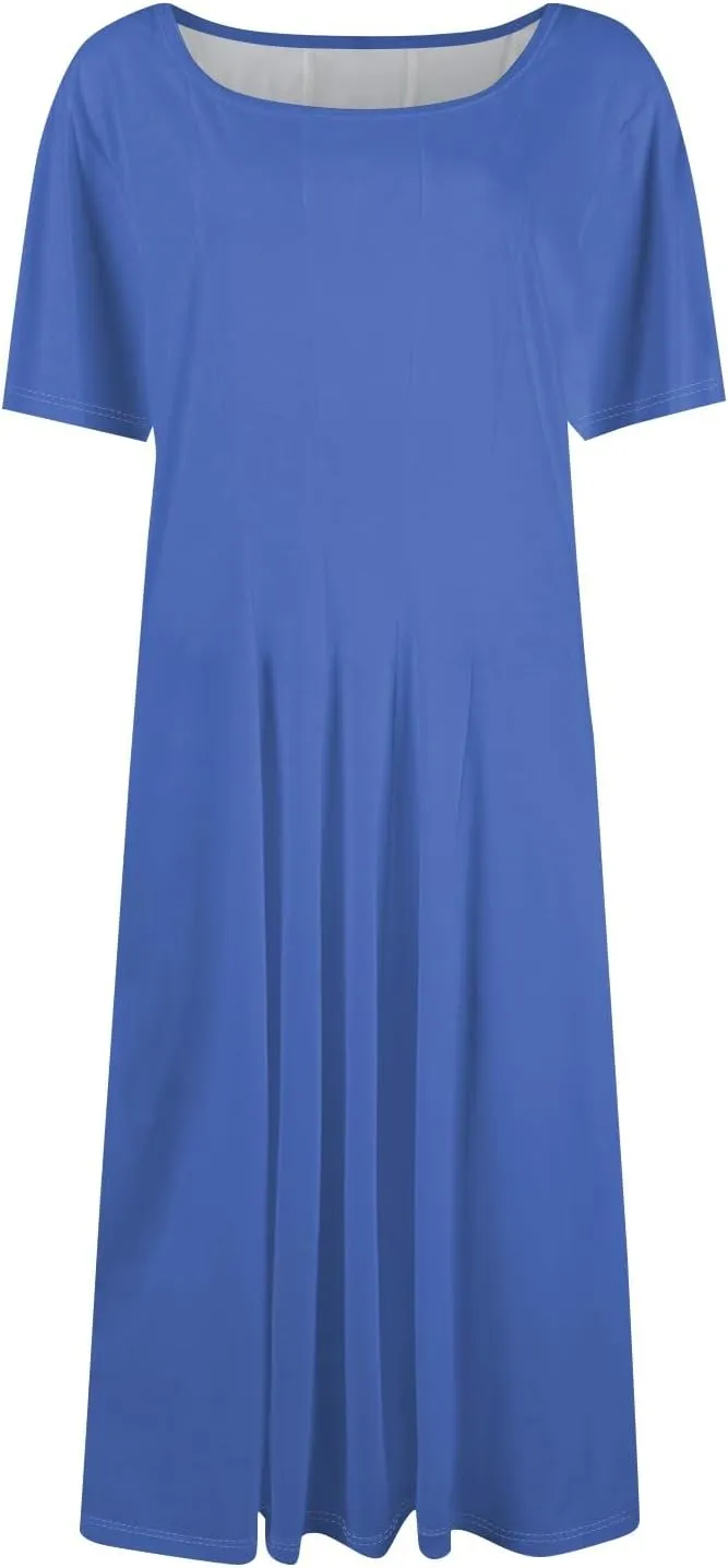Dress for Women Summer Short Sleeve Wrap Dress Empire Waist Flower Dresses Round Neck Boho Midi Dresses with Pockets