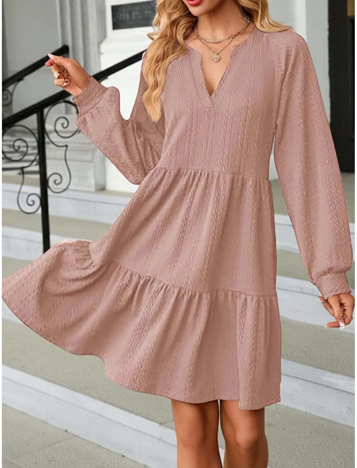 Dresses for Women 2025 Long Sleeve V Neck Textured Casual Tiered Ruffle A-Line Swing Mini Babydoll Dress