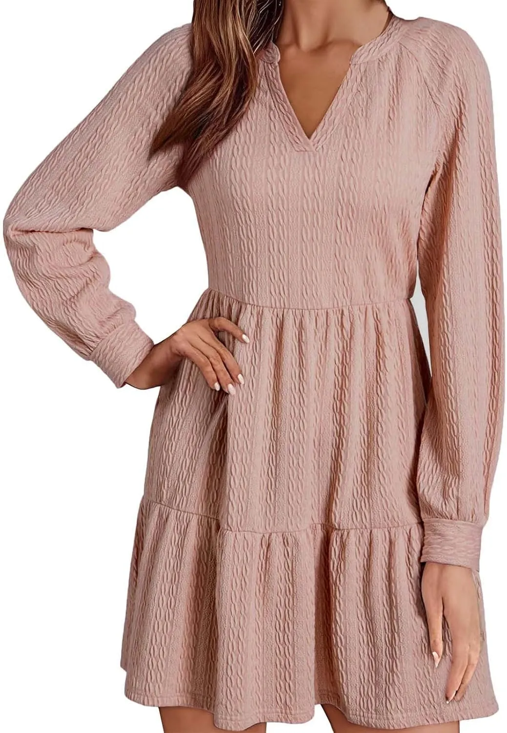 Dresses for Women 2025 Long Sleeve V Neck Textured Casual Tiered Ruffle A-Line Swing Mini Babydoll Dress