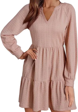 Dresses for Women 2025 Long Sleeve V Neck Textured Casual Tiered Ruffle A-Line Swing Mini Babydoll Dress