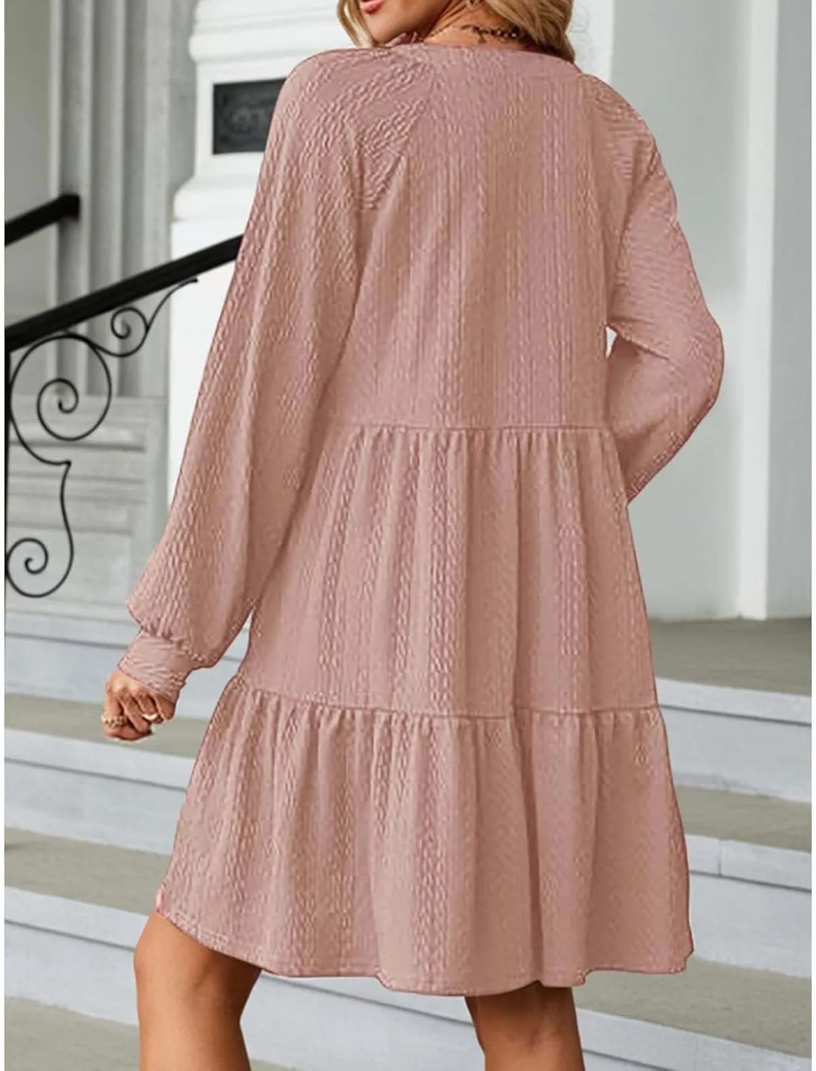 Dresses for Women 2025 Long Sleeve V Neck Textured Casual Tiered Ruffle A-Line Swing Mini Babydoll Dress