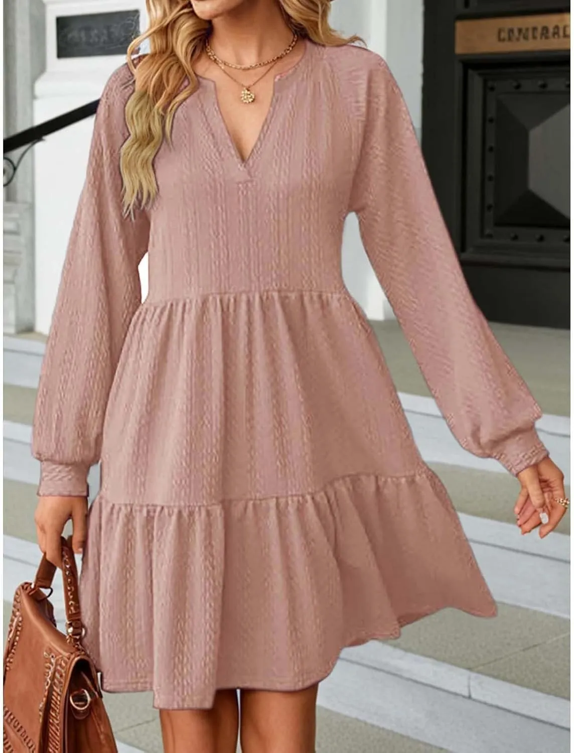 Dresses for Women 2025 Long Sleeve V Neck Textured Casual Tiered Ruffle A-Line Swing Mini Babydoll Dress