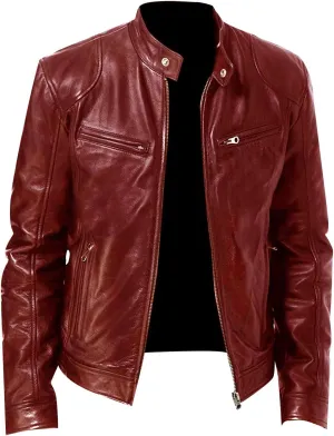 DuDubaby Men Vintage Cool Jacket Leather Long Sleeve Autumn Winter Stand Collar Club Coat