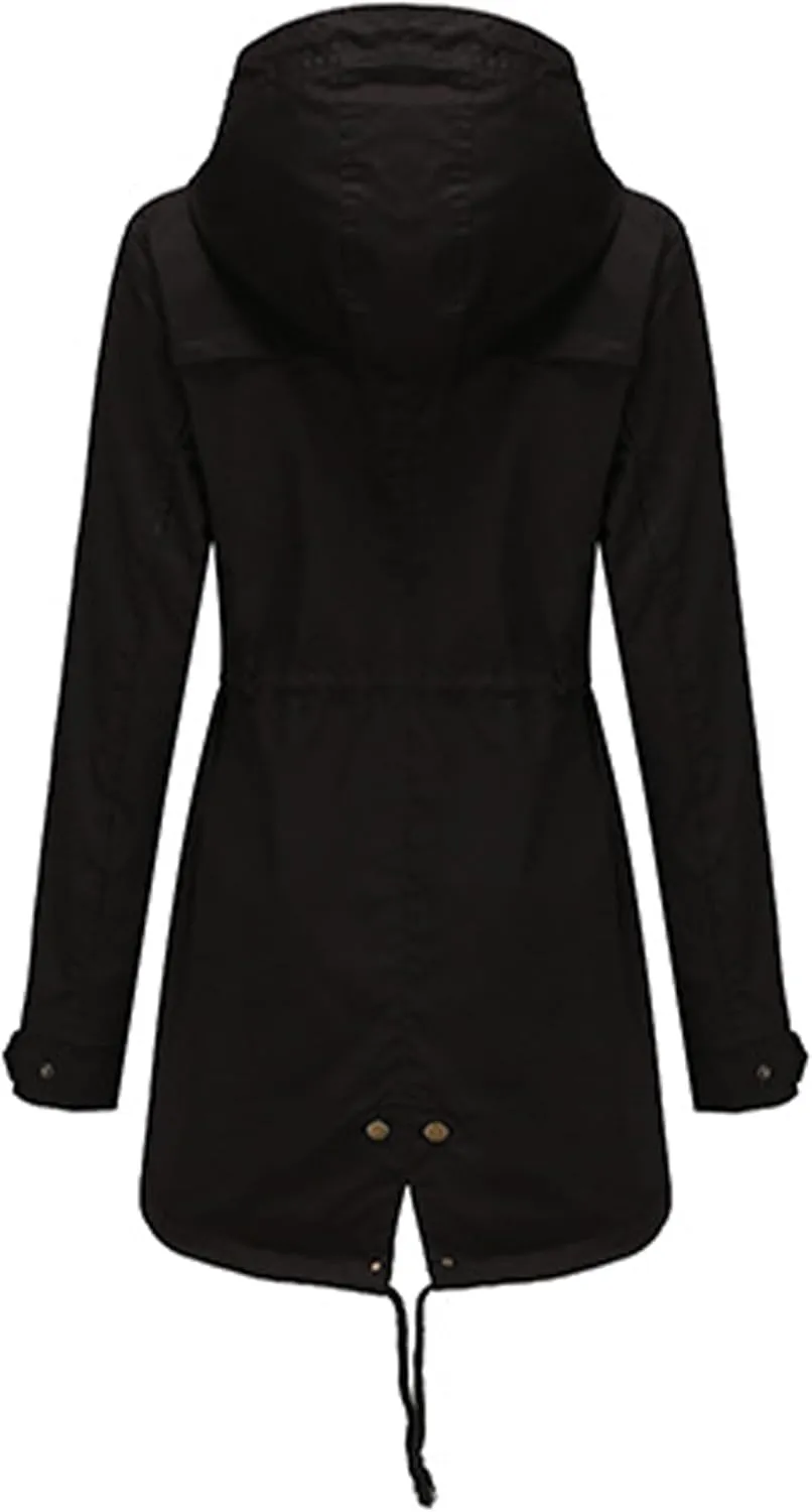 EFOFEI Women Zip Up Drawstring Waist Jackets Military Anorak Hooded Outerwear Utility Button Lightweight Coat With Pockets