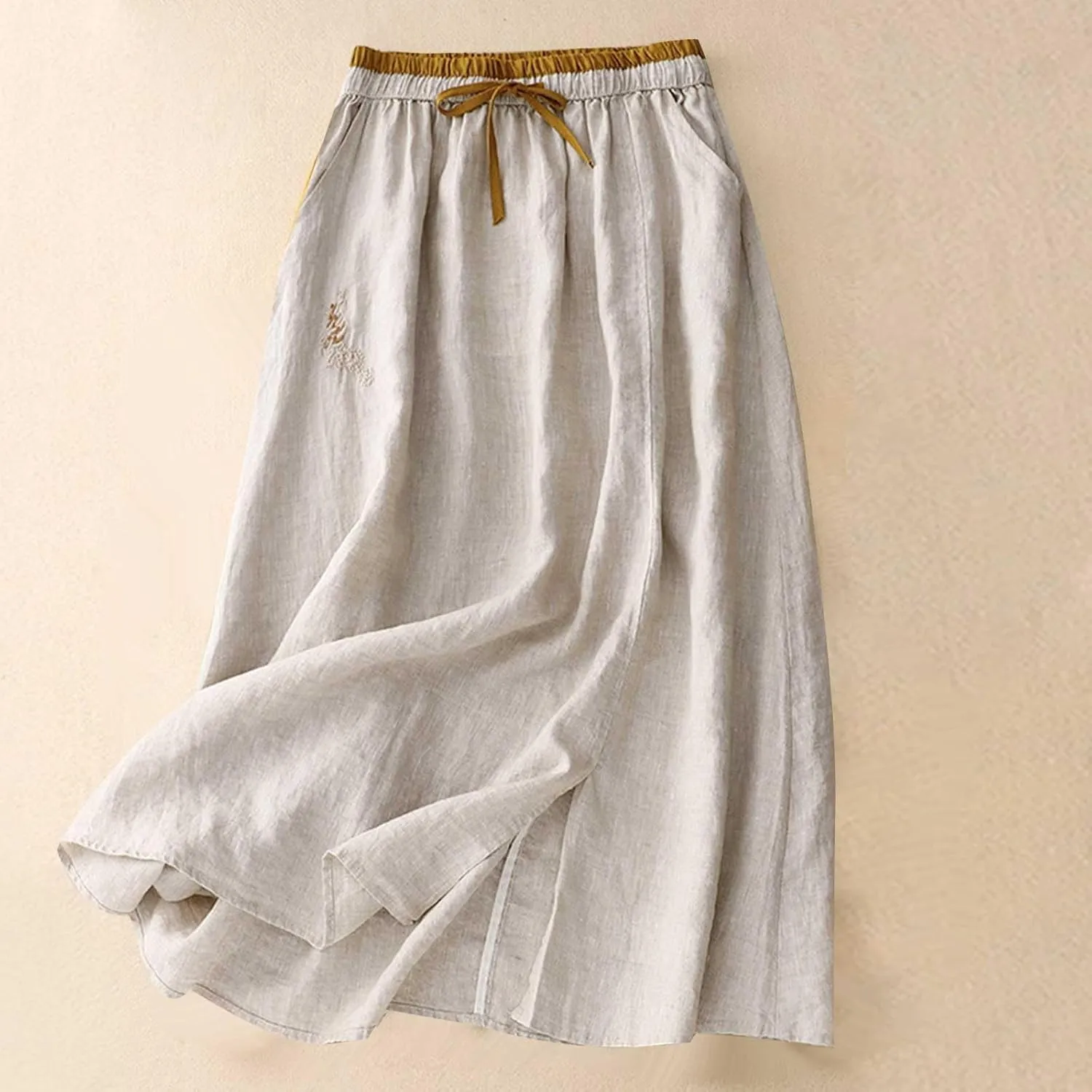 Embroidery Cotton Linen Skirts for Women with Pockets Midi Length Long Skirt Casual Beach Party Holiday Boho Skirt