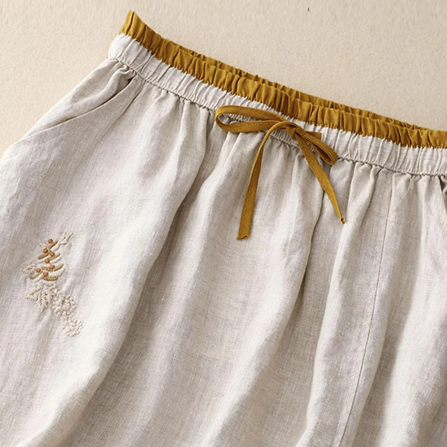 Embroidery Cotton Linen Skirts for Women with Pockets Midi Length Long Skirt Casual Beach Party Holiday Boho Skirt