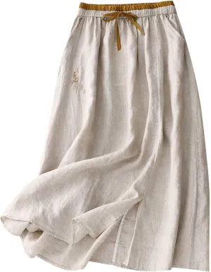 Embroidery Cotton Linen Skirts for Women with Pockets Midi Length Long Skirt Casual Beach Party Holiday Boho Skirt