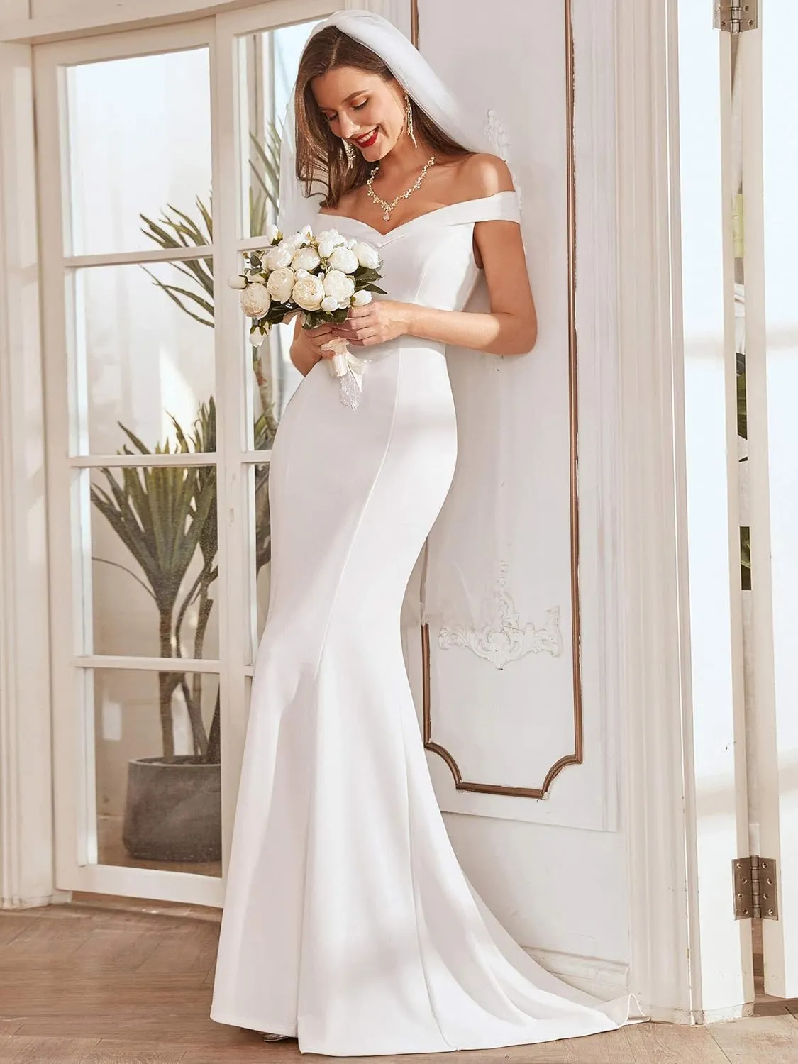 Ever-Pretty Women's Off-Shoulder Mermaid Sweep Train Long Wedding Dresses for Bride 0247