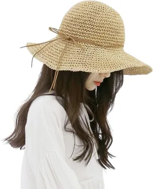 Fashion Beach Cap Women Teen Girls Bowknot Bowler Hat Roll-Up Wide Brim Dome Straw Summer Sun Hat Travel Accessories