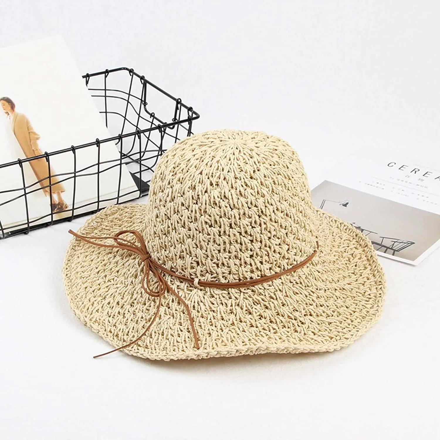 Fashion Beach Cap Women Teen Girls Bowknot Bowler Hat Roll-Up Wide Brim Dome Straw Summer Sun Hat Travel Accessories