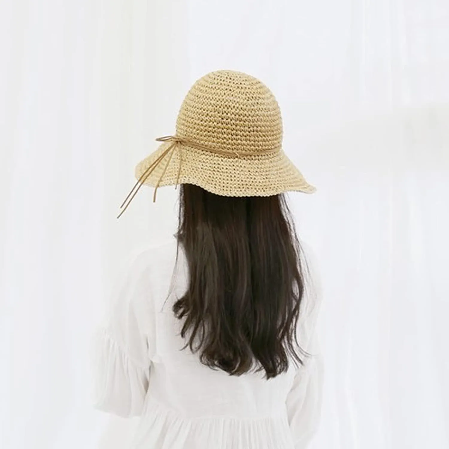 Fashion Beach Cap Women Teen Girls Bowknot Bowler Hat Roll-Up Wide Brim Dome Straw Summer Sun Hat Travel Accessories