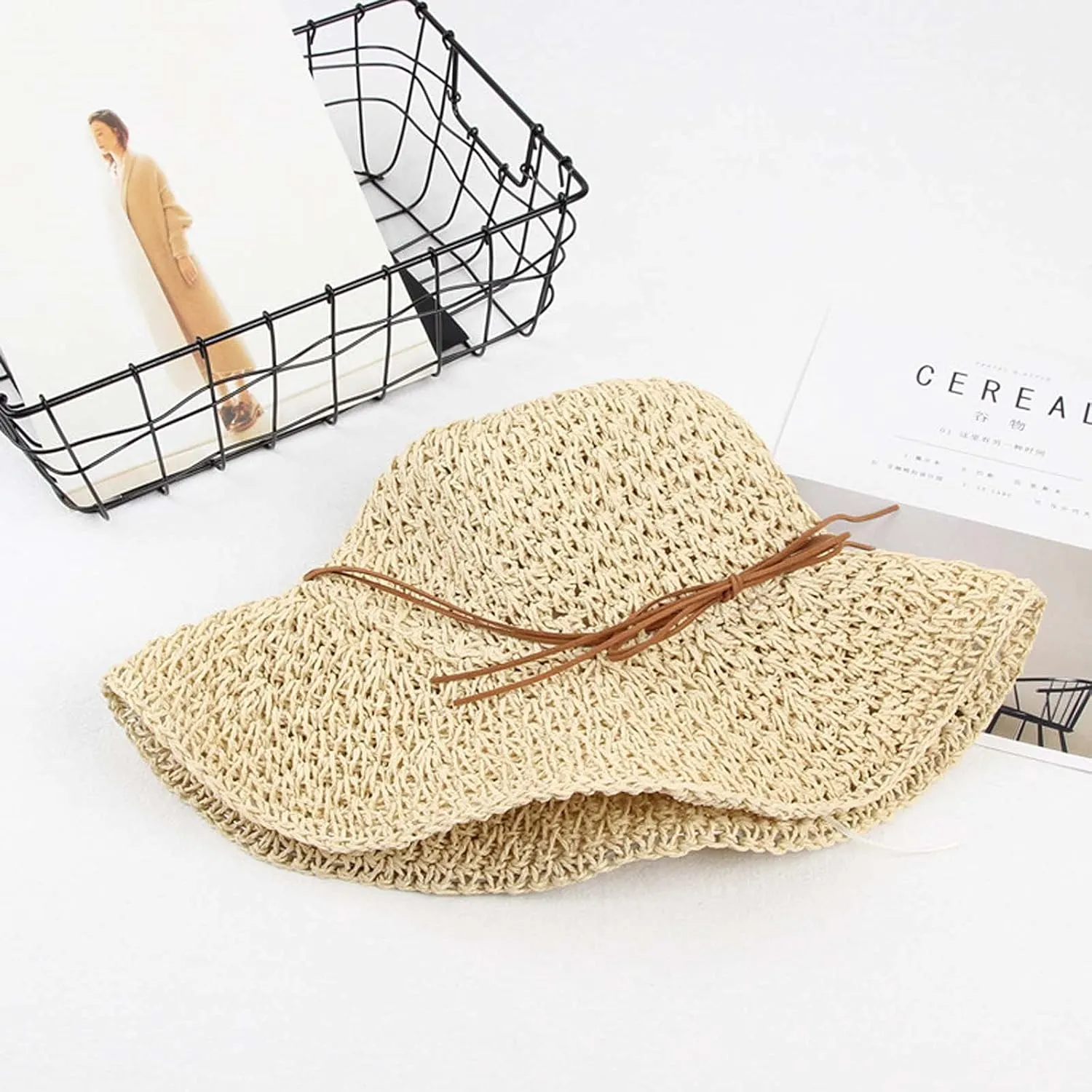 Fashion Beach Cap Women Teen Girls Bowknot Bowler Hat Roll-Up Wide Brim Dome Straw Summer Sun Hat Travel Accessories