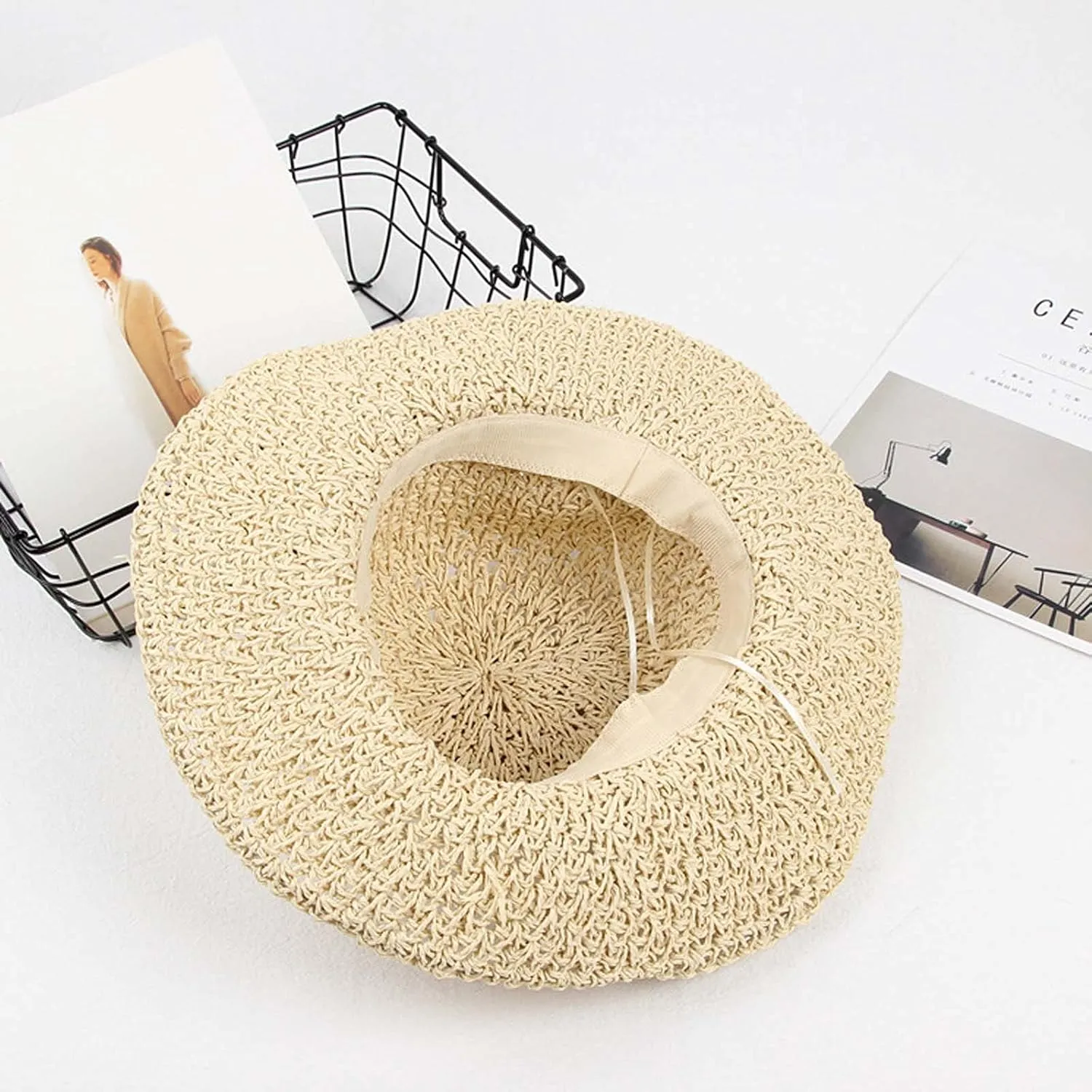 Fashion Beach Cap Women Teen Girls Bowknot Bowler Hat Roll-Up Wide Brim Dome Straw Summer Sun Hat Travel Accessories