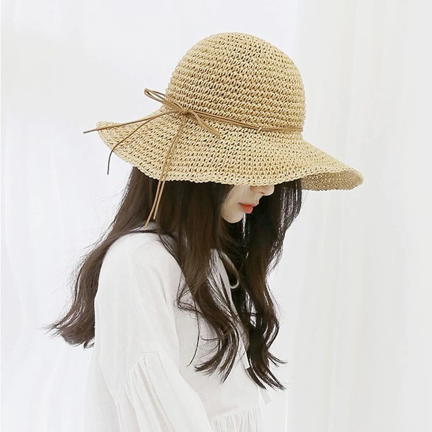 Fashion Beach Cap Women Teen Girls Bowknot Bowler Hat Roll-Up Wide Brim Dome Straw Summer Sun Hat Travel Accessories