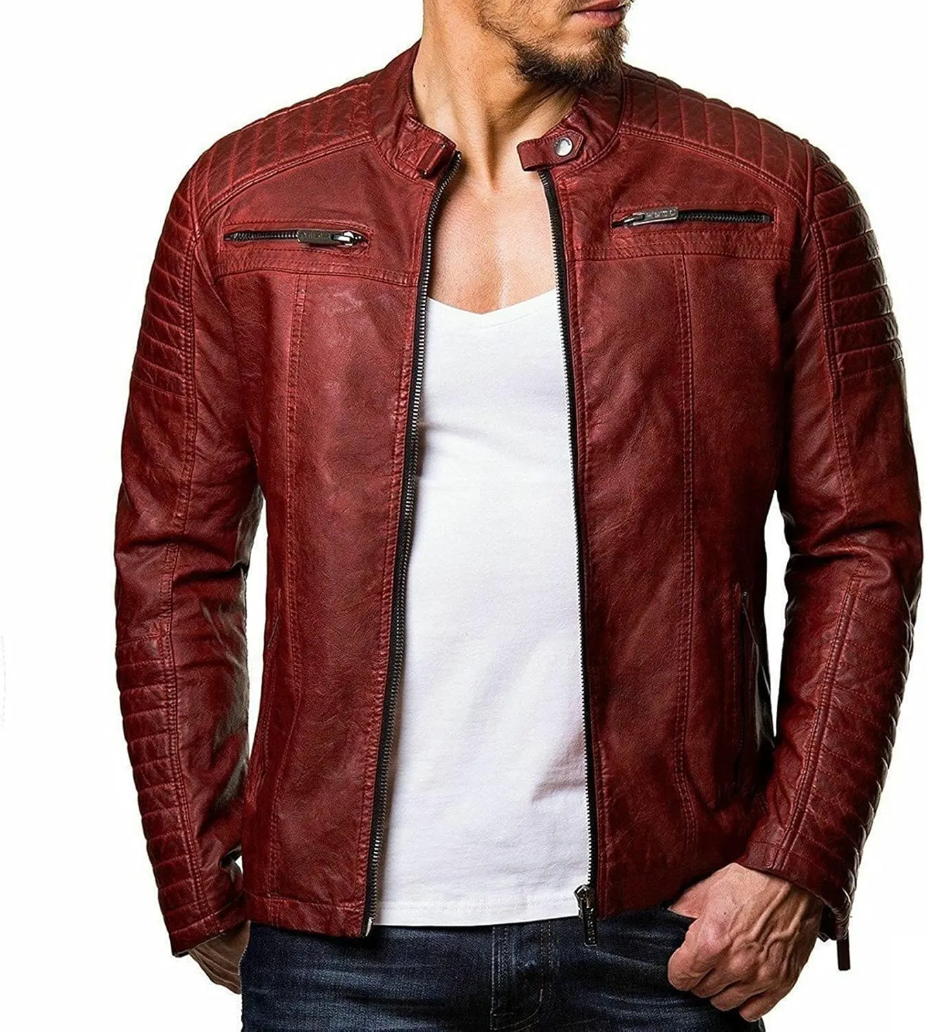 Faux Leather Jacket Men Slim Fit Racer Motorcycle Jackets Moto Coats Zip-Up Casual Biker Bomber Jacket