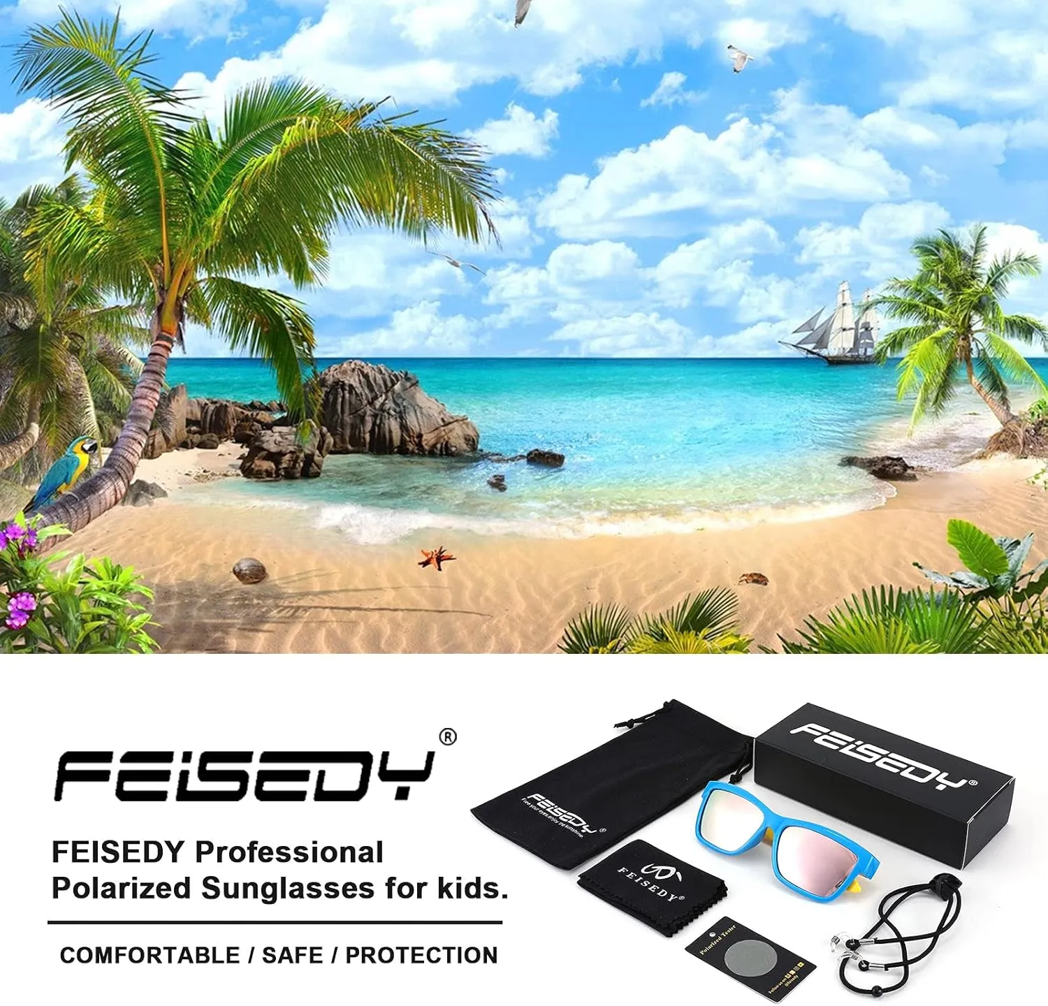 FEISEDY Kids Sunglasses UV400 Protection Polarized Lenses Boys Girls Age 3-9 TPEE Rubber Square Flexible Shades B2806